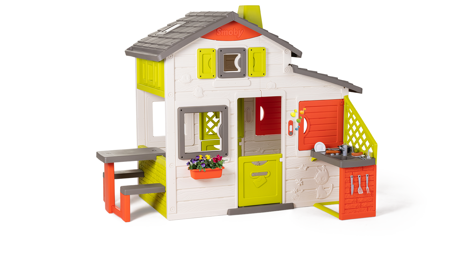 Spielhaus der Freunde mit einer geräumigen Küche Neo Friends House Smoby erweiterbar 2 Türen 6 Fenster und Picknicktisch 172 cm hoch mit UV-Filter