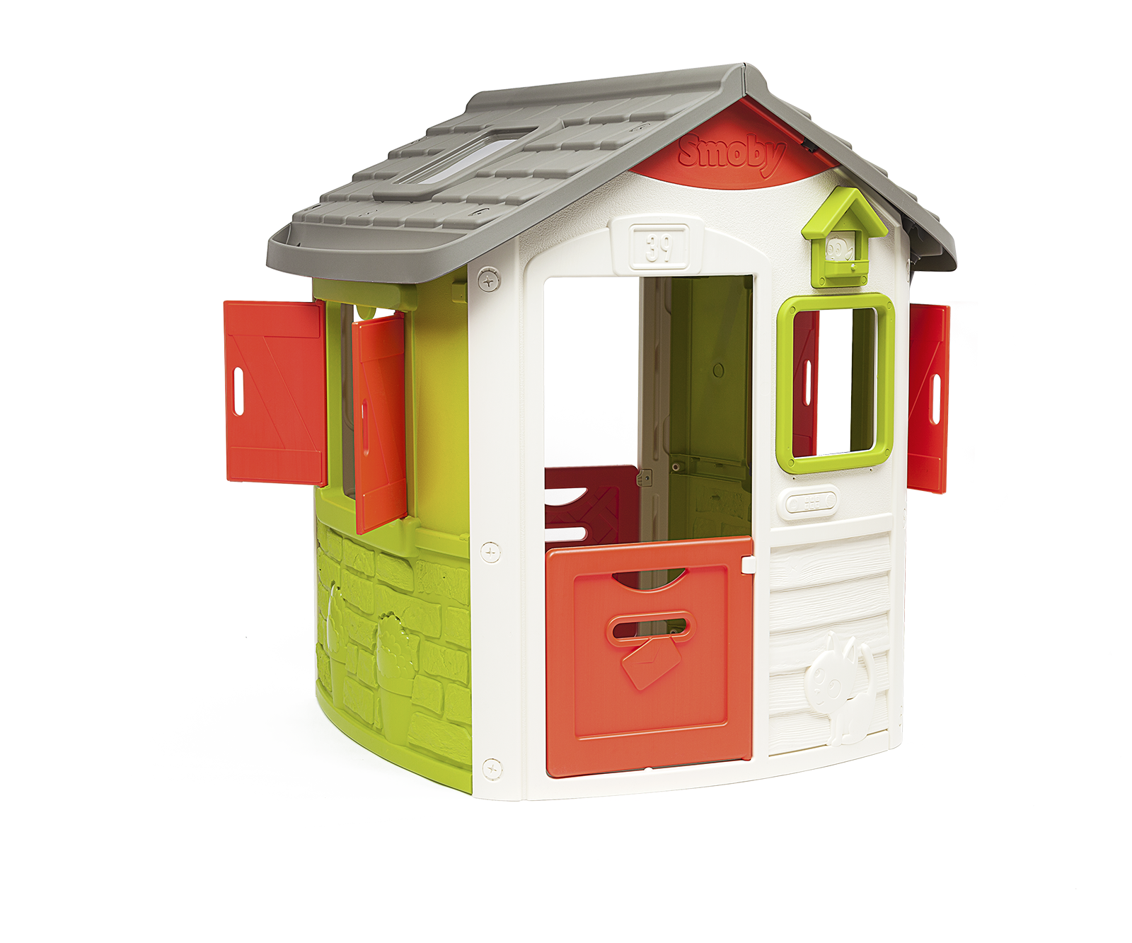 Set Spielhaus Neo Jura Lodge Smoby erweiterbar 2 Türen 2 Fenster mit Rollläden und Vogelhaus ab 2 Jahren.