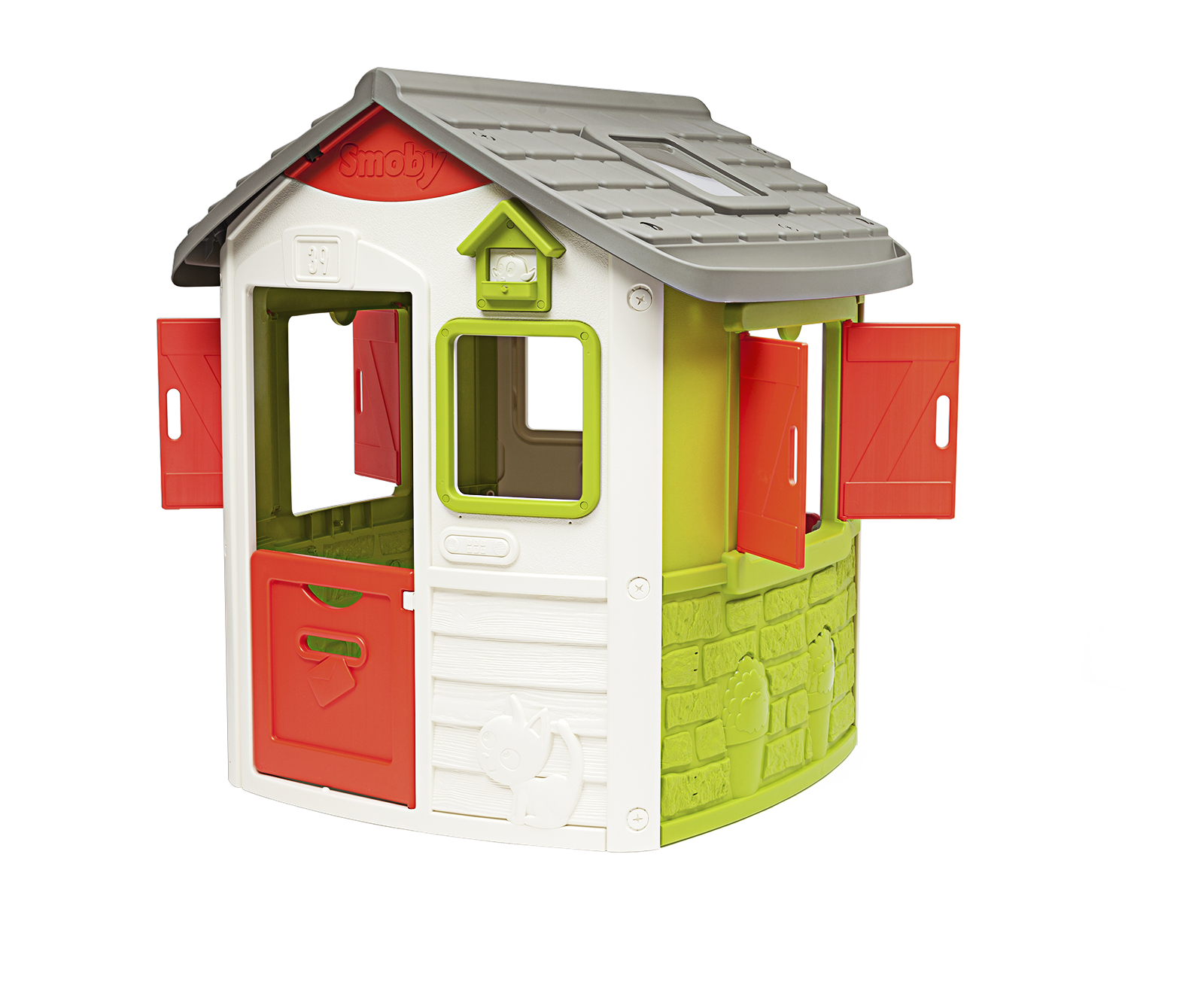 Set Spielhaus Neo Jura Lodge Smoby erweiterbar 2 Türen 2 Fenster mit Rollläden und Vogelhaus ab 2 Jahren.
